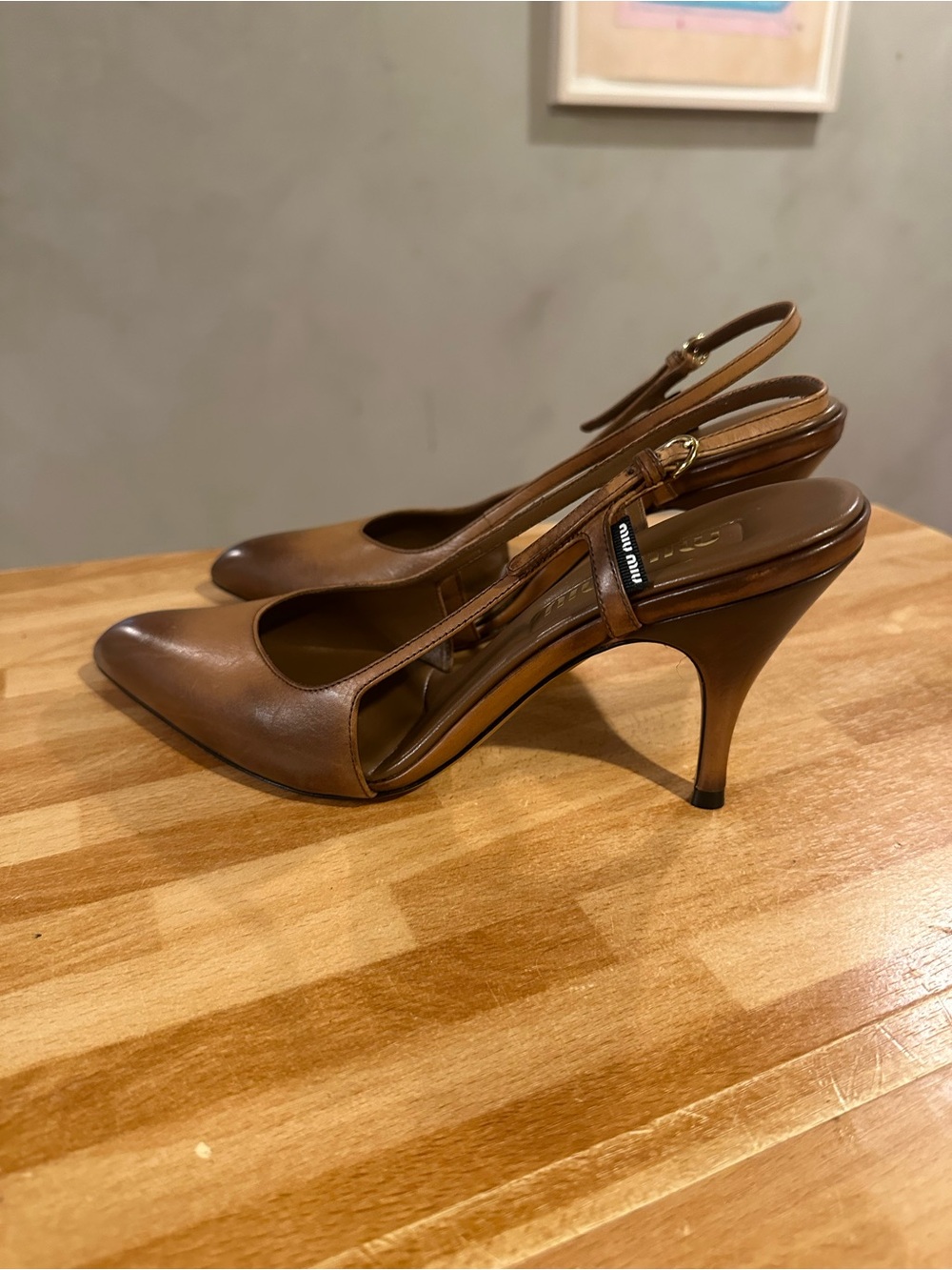 Miu Miu Tan Brown Leather Slingback Pointed-Toe Heels - Picture 12 of 13